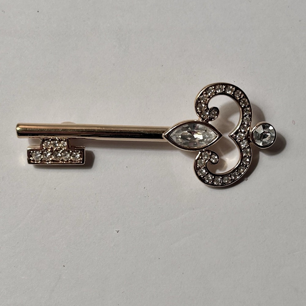Vintage 90's NAPIER Key Brooch Gold Plated w/Swarovki Crystals
